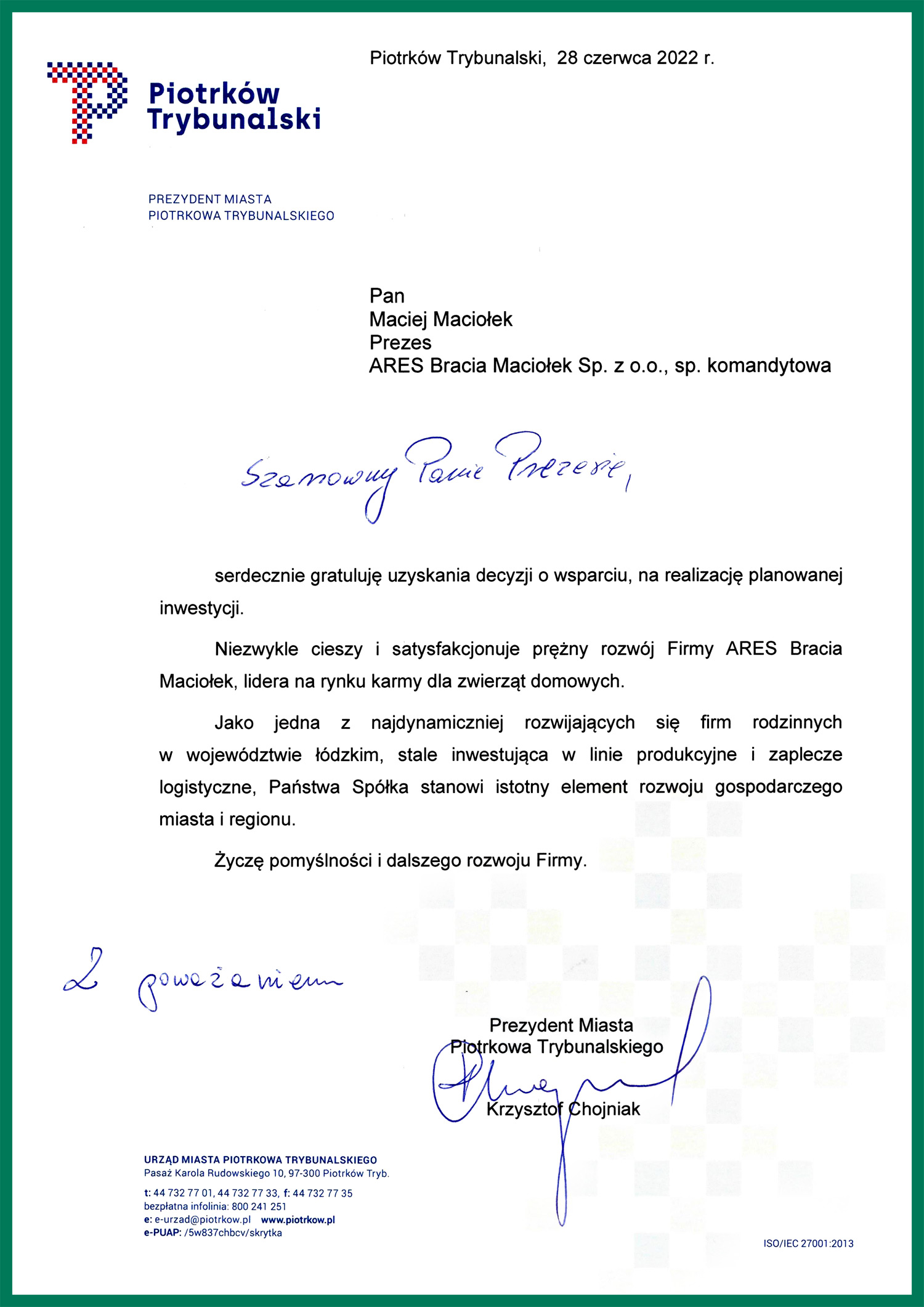 Dyplom Prezydent Miasta Piotrkowa
